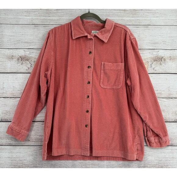 L.L. Bean Corduroy Button Down Shirt Womens Large Pink Pocket - Picture 1 of 9